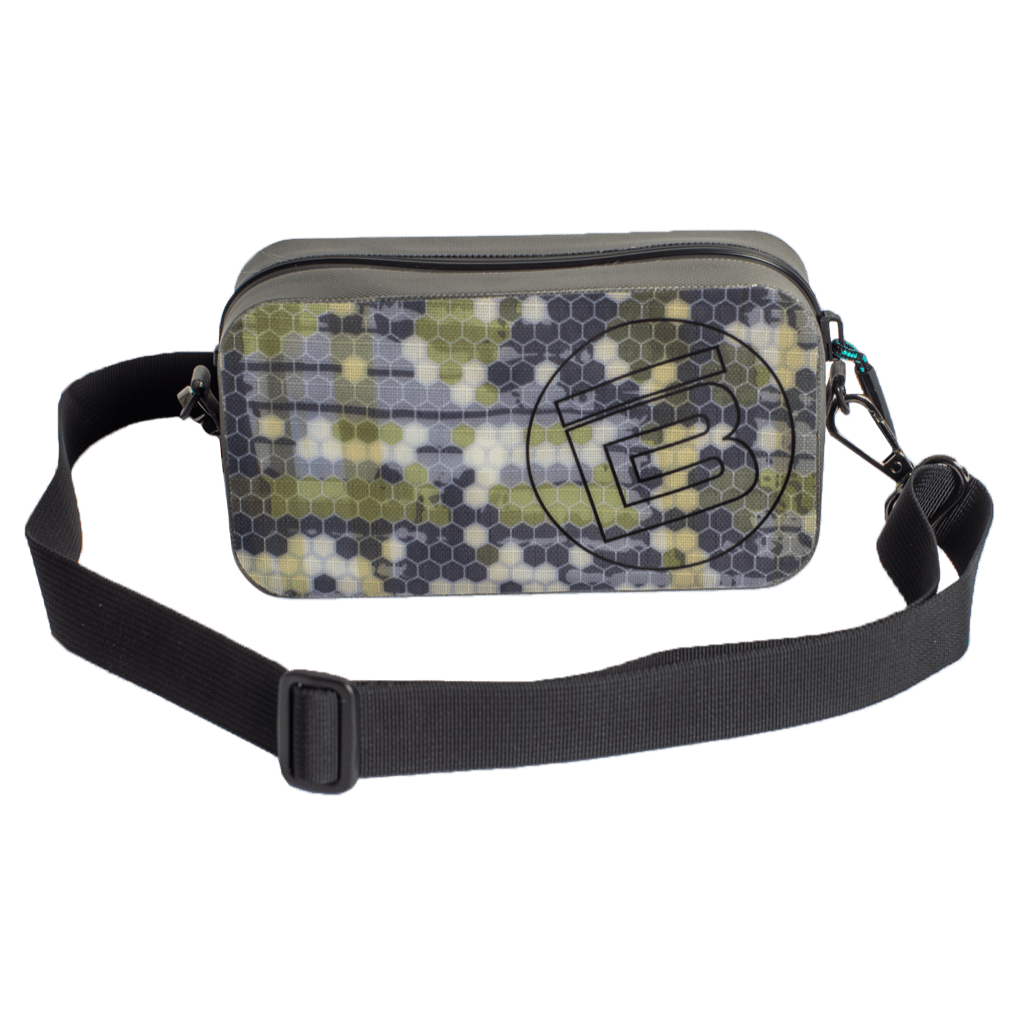 Top angled view of Verge Camo Hitchhiker showing zipper pull and camo texture.