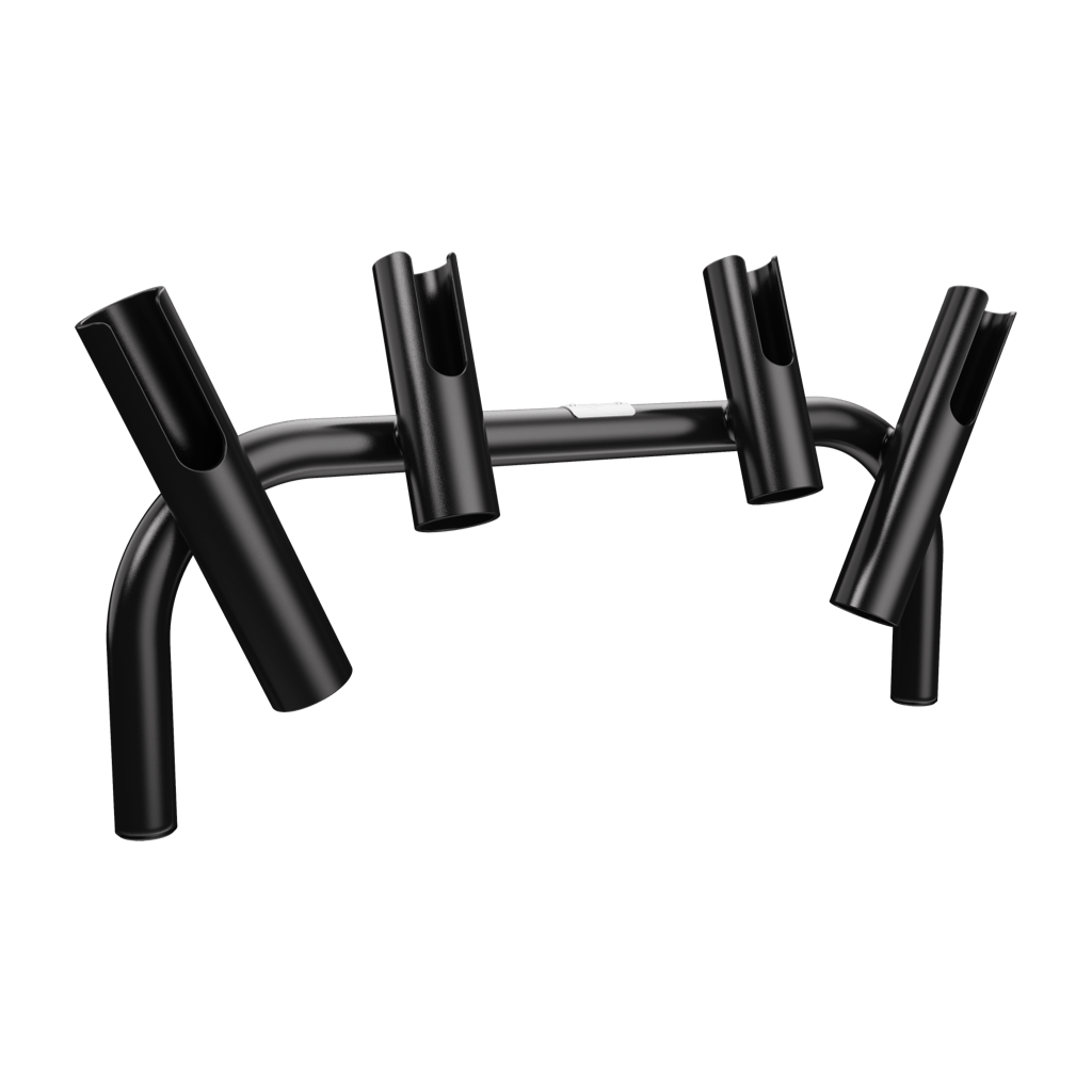 Angled view of Rocket Rac Black with four tilted rod holders on arched frame.