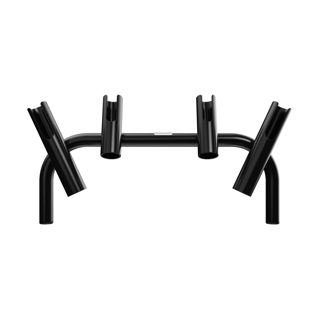 Front view of Rocket Rac Black with evenly spaced angled rod holders.