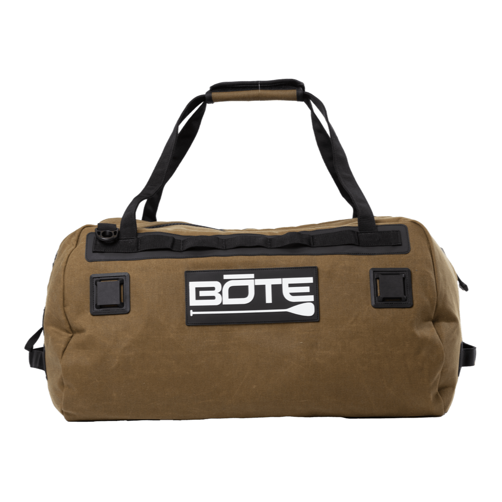Back view of Highwater Duffel Last Cowboy showing large BOTE logo and black gear loops.