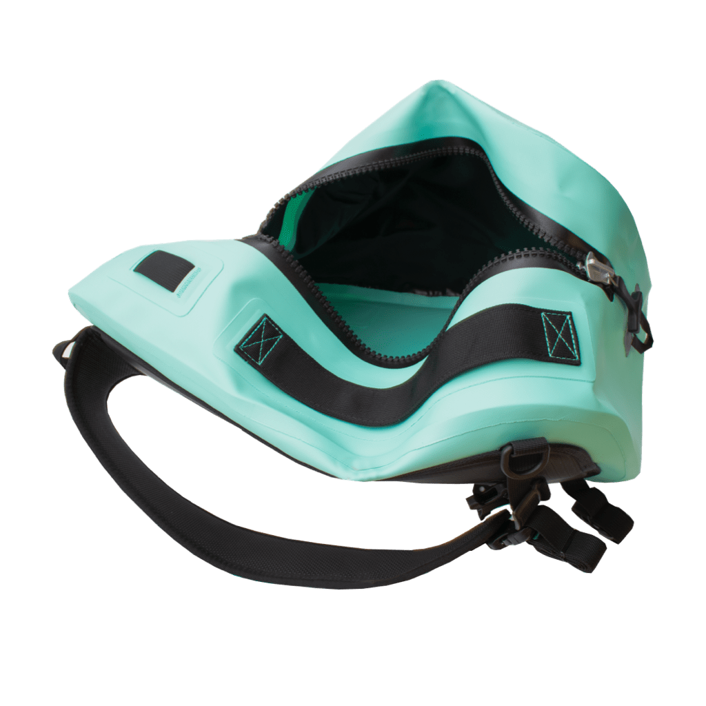 Top view of the Highwater Slingpack Seafoam with open main compartment and visible interior lining.