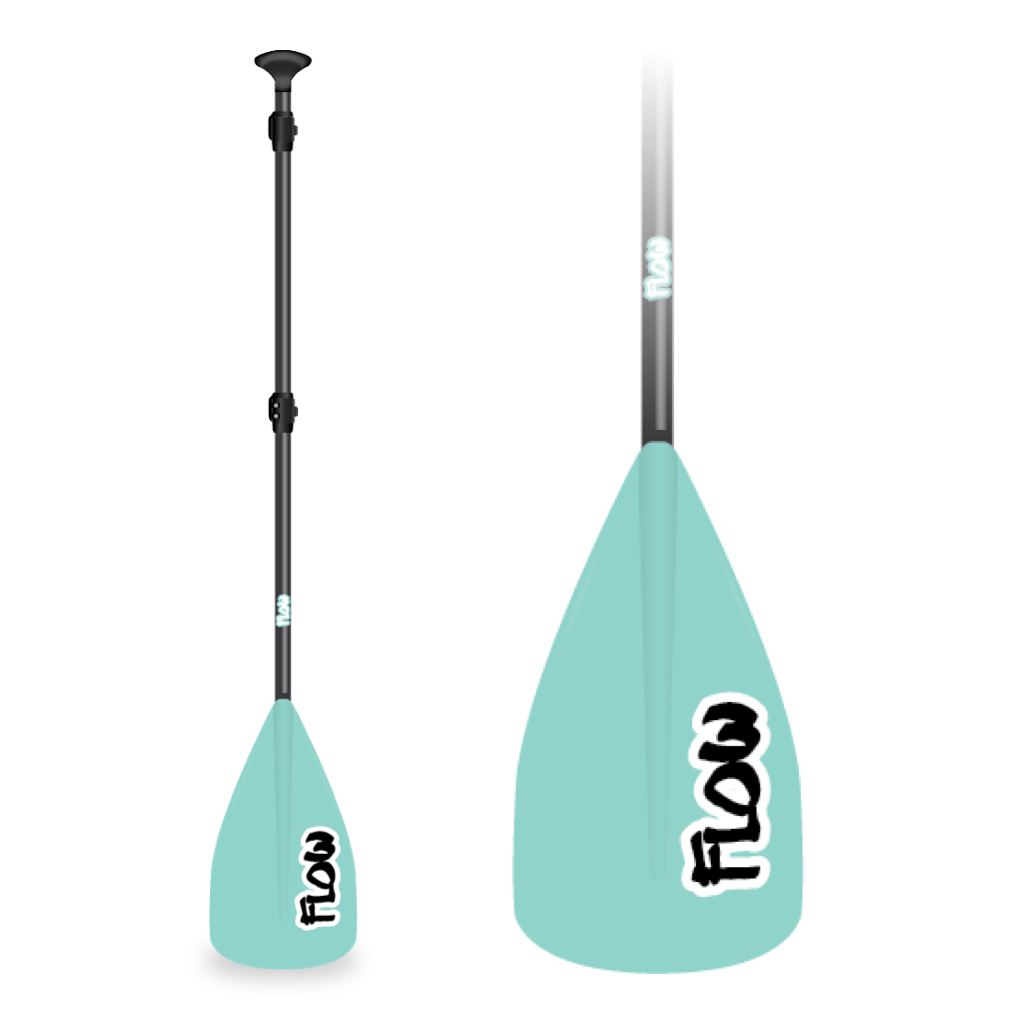 3-piece adjustable kids paddle with seafoam blade and playful black-and-white Flow logo.