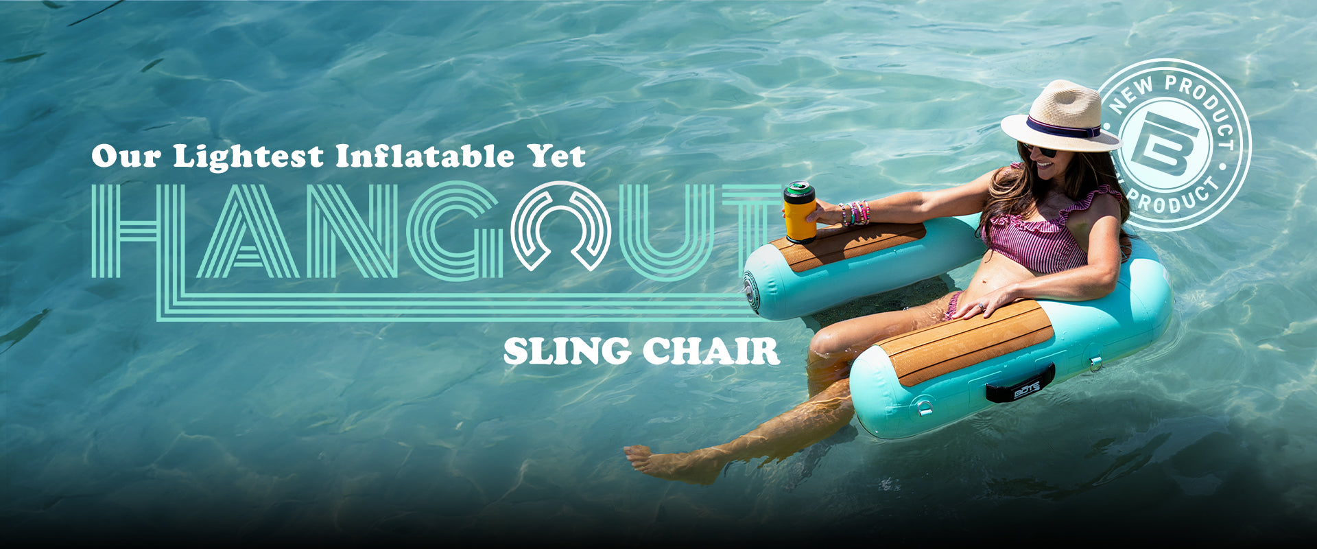 A person relaxing on BOTE Inflatable Hangout Sling Chair in water, holding a drink