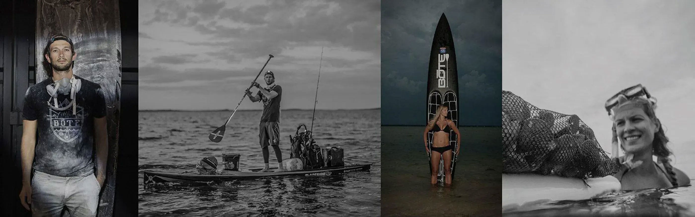 Collage view of four paddle boarding lifestyle scenes with people, gear, and water environments.