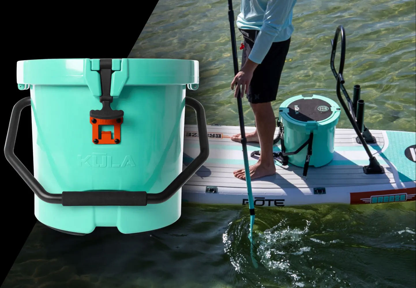 Turquoise cooler on a paddleboard with a person in the background